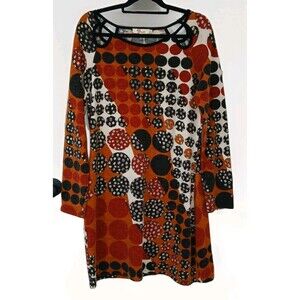 Aryeh XL Orange Black White Polka Dot Long Sleeve 70s Inspired Tunic Dress.